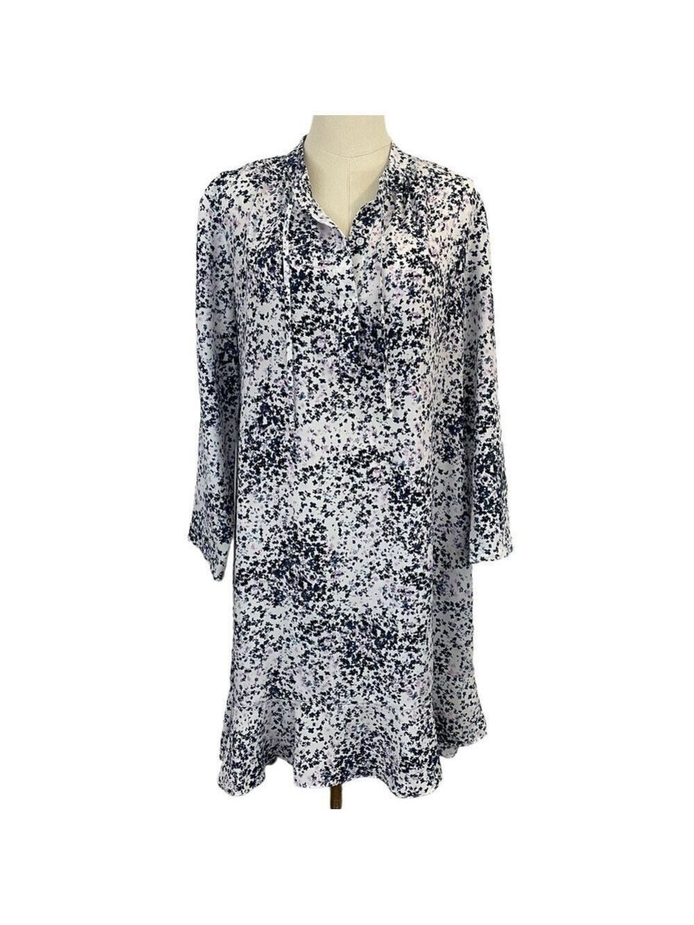 Joe Fresh Long Sleeve Floral Sundress Womens L White Purple Navy Ditsy Girly EUC